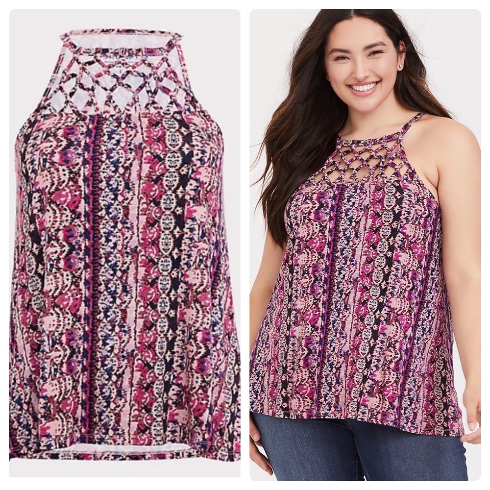 TORRID Super Soft Pink Multi Ikat Macrame Goddess Tank